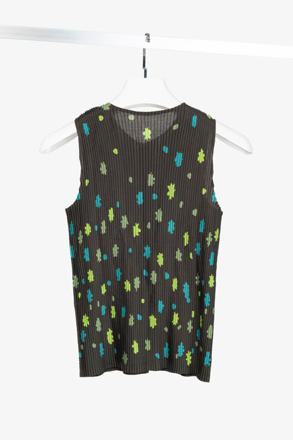 Issey Miyake Green Floral Pleated Sleeveless Buttoned Top