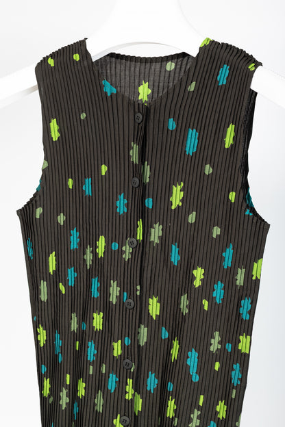 Issey Miyake Green Floral Pleated Sleeveless Buttoned Top