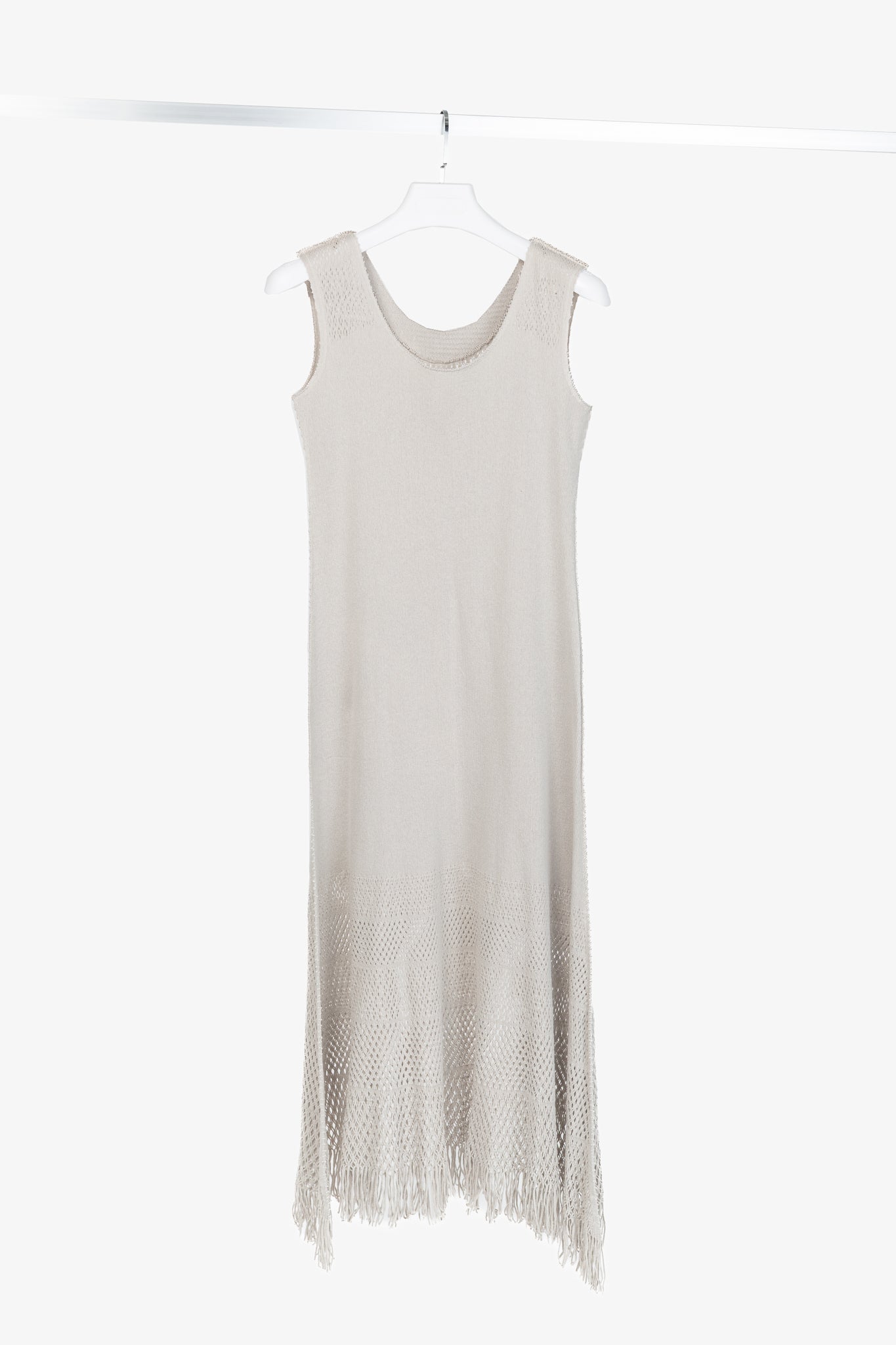 Issey Miyake Fete Grey Mesh-Knit Fringe-Hem Maxi Dress