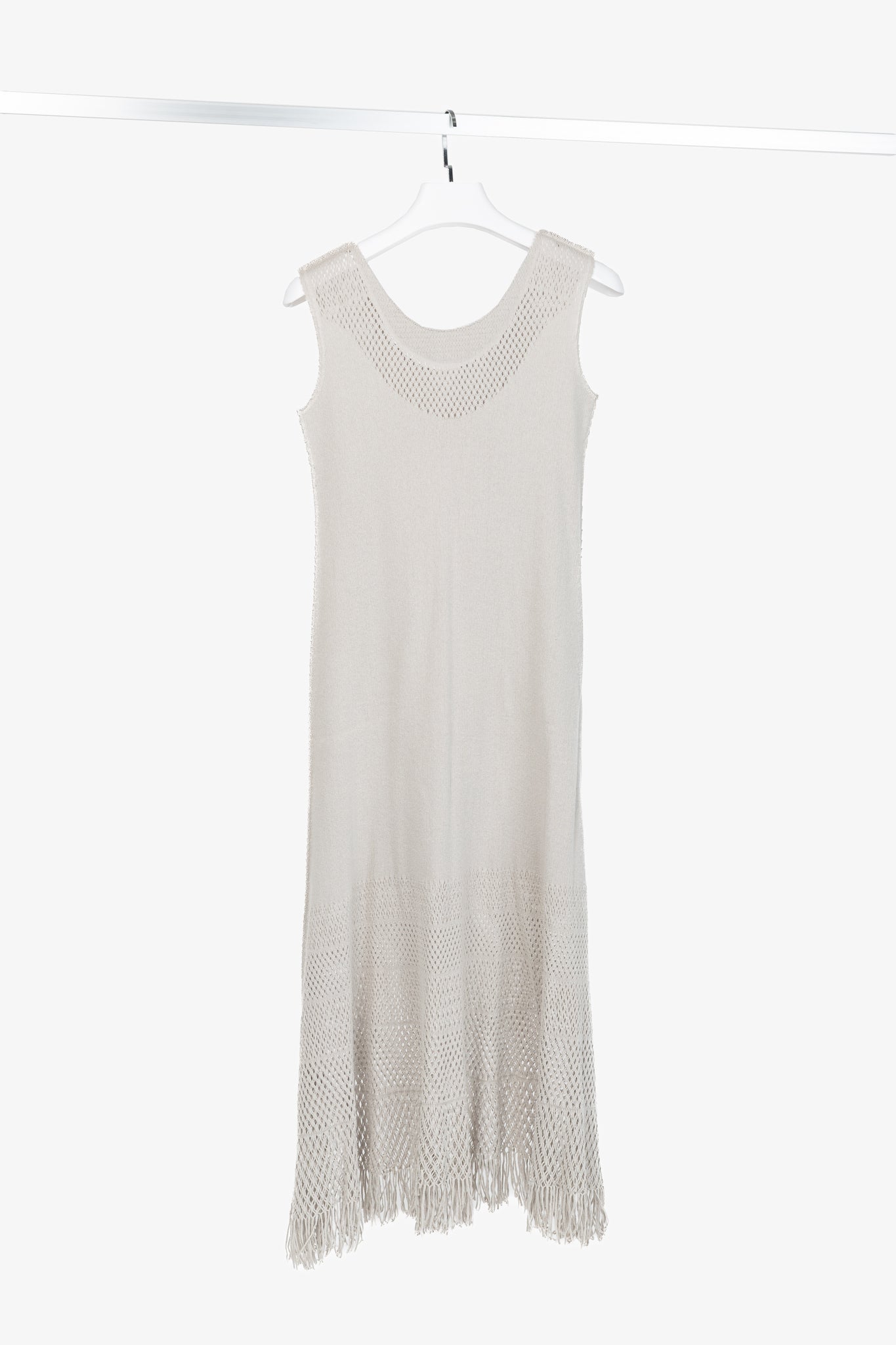 Issey Miyake Fete Grey Mesh-Knit Fringe-Hem Maxi Dress