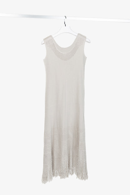 Issey Miyake Fete Grey Mesh-Knit Fringe-Hem Maxi Dress
