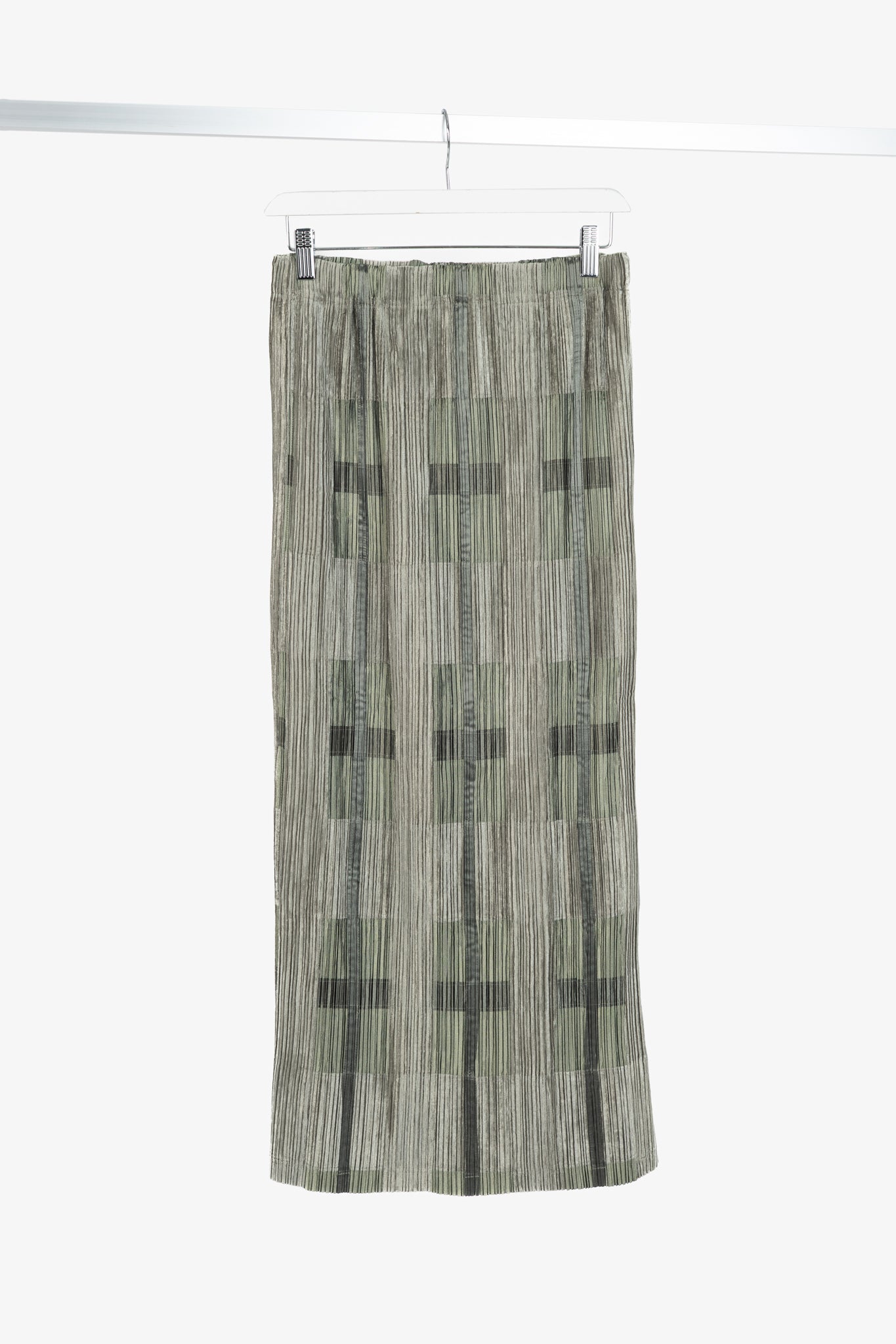 Issey Miyake Green Velvet & Satin Plaid Pleated Maxi Skirt