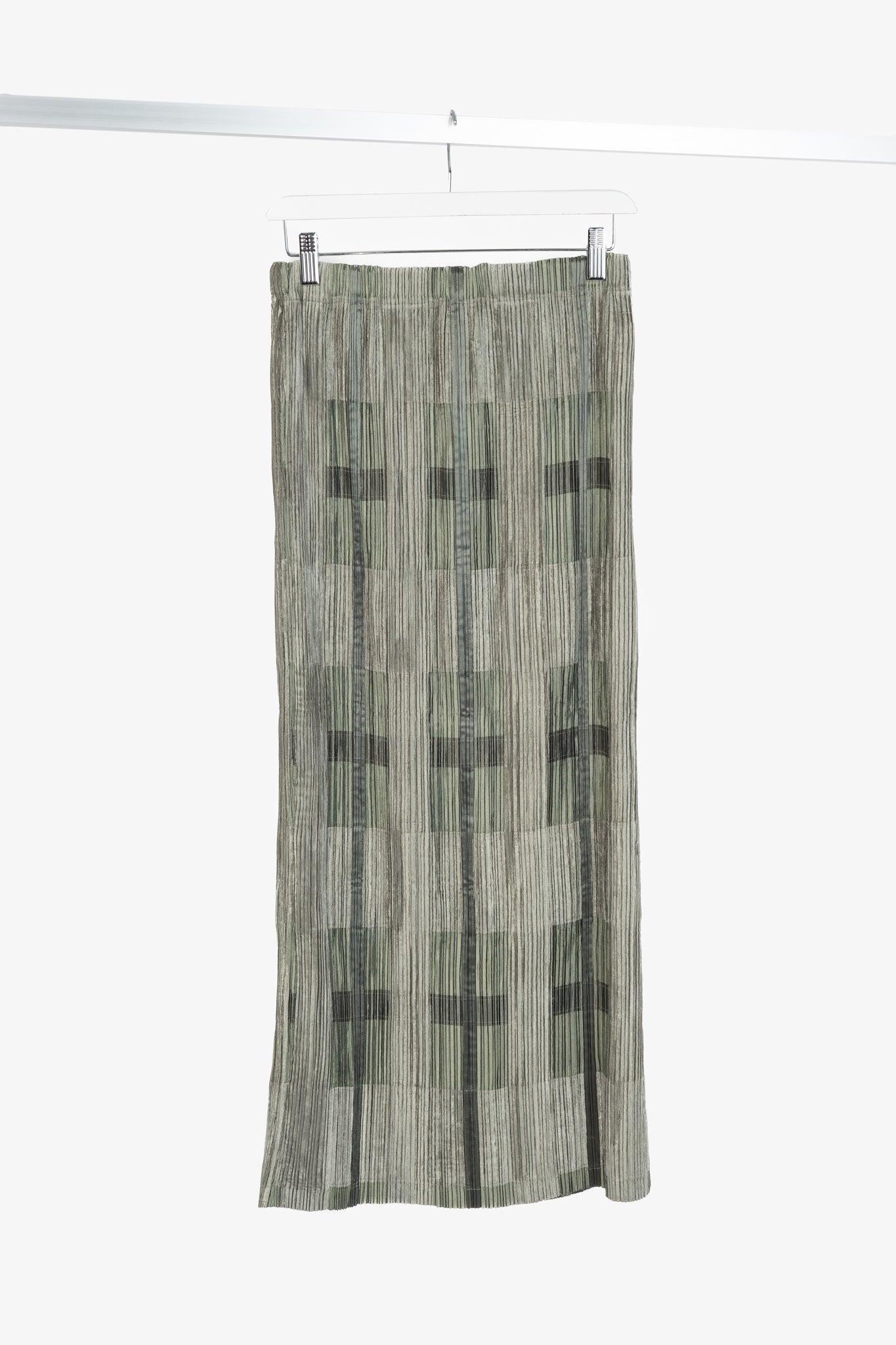 Issey Miyake Green Velvet & Satin Plaid Pleated Maxi Skirt