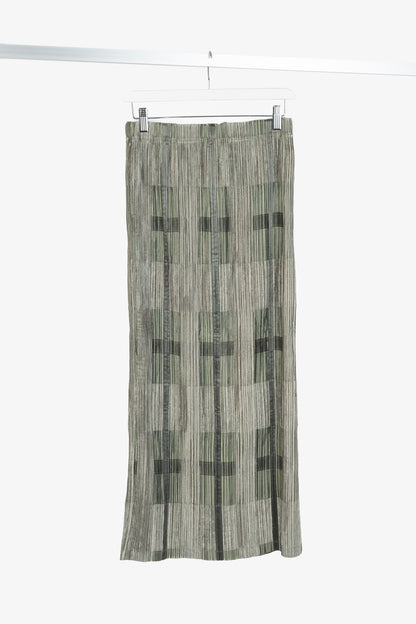 Issey Miyake Green Velvet & Satin Plaid Pleated Maxi Skirt