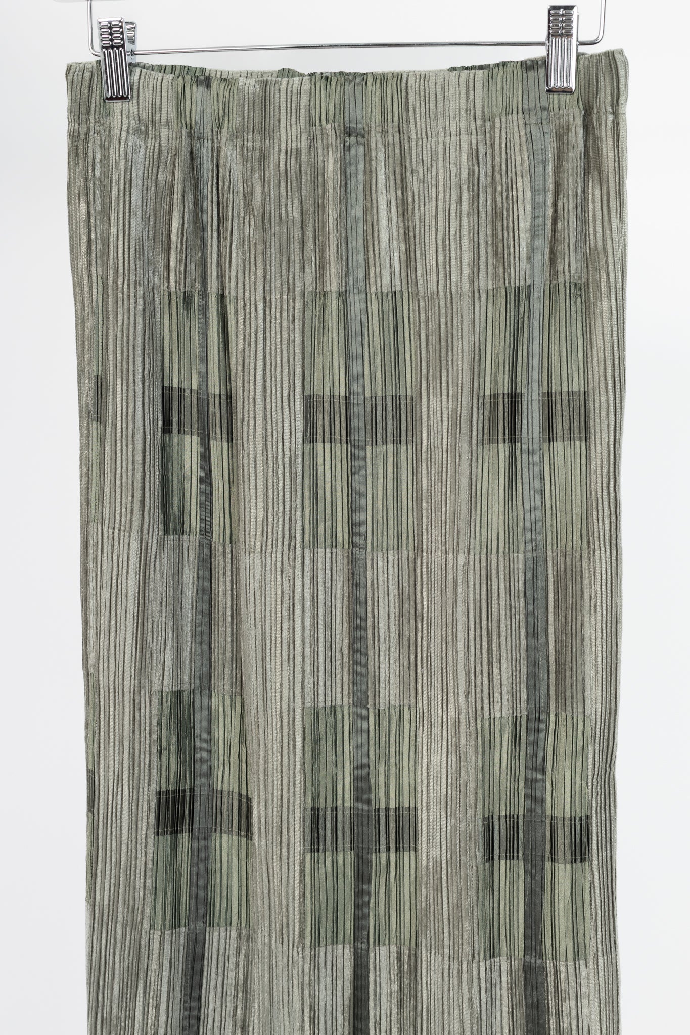Issey Miyake Green Velvet & Satin Plaid Pleated Maxi Skirt