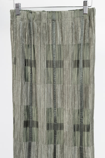 Issey Miyake Green Velvet & Satin Plaid Pleated Maxi Skirt