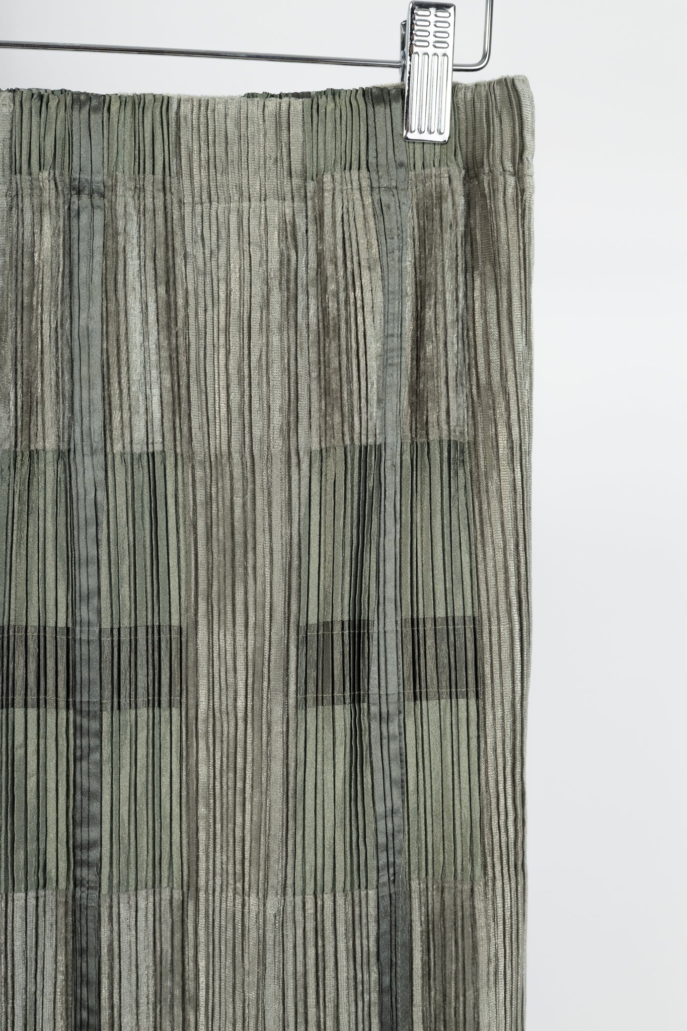 Issey Miyake Green Velvet & Satin Plaid Pleated Maxi Skirt