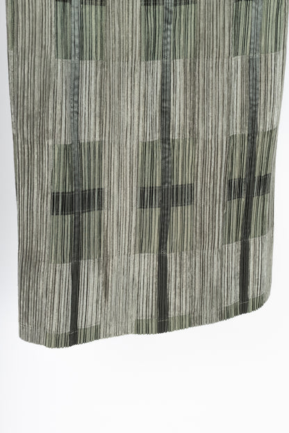 Issey Miyake Green Velvet & Satin Plaid Pleated Maxi Skirt