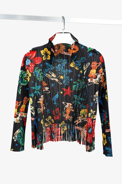 Pleats Please Issey Miyake Hawaii Motif Black Fringe-Hem Cardigan