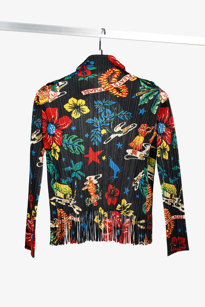 Pleats Please Issey Miyake Hawaii Motif Black Fringe-Hem Cardigan
