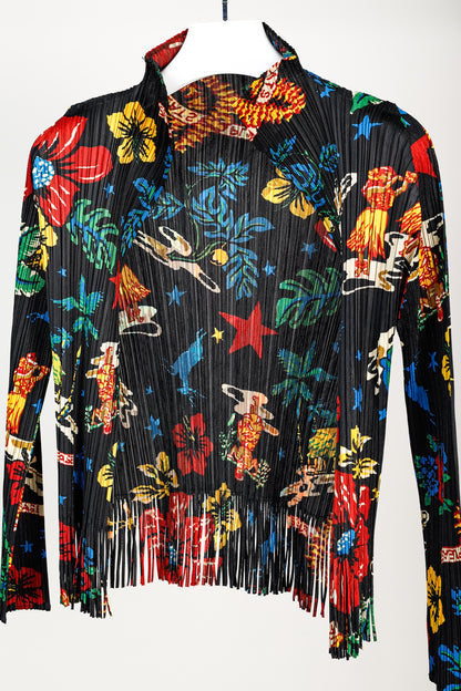 Pleats Please Issey Miyake Hawaii Motif Black Fringe-Hem Cardigan