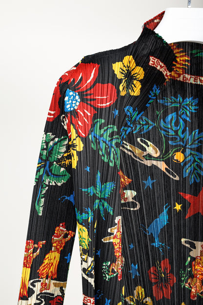 Pleats Please Issey Miyake Hawaii Motif Black Fringe-Hem Cardigan