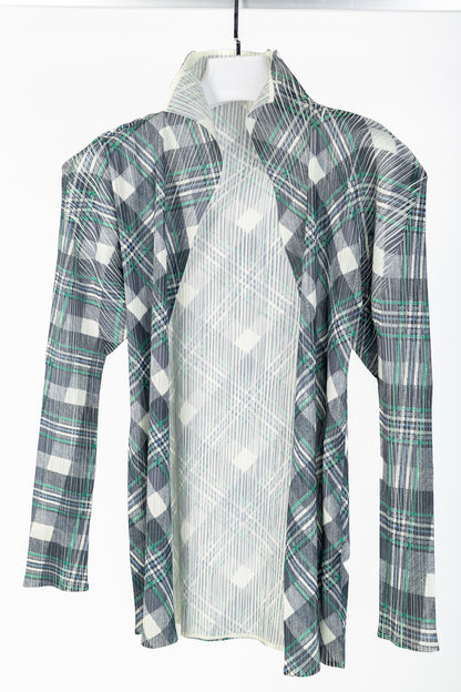 Pleats Please Issey Miyake Black & Green Plaid Open-Front Cardigan