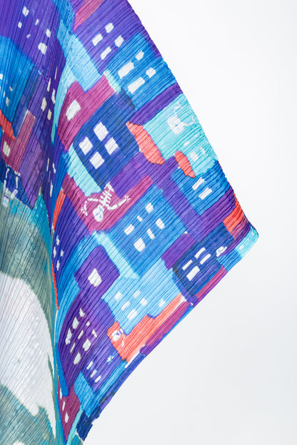 Pleats Please Issey Miyake Blue Streetscape-Print Shawl