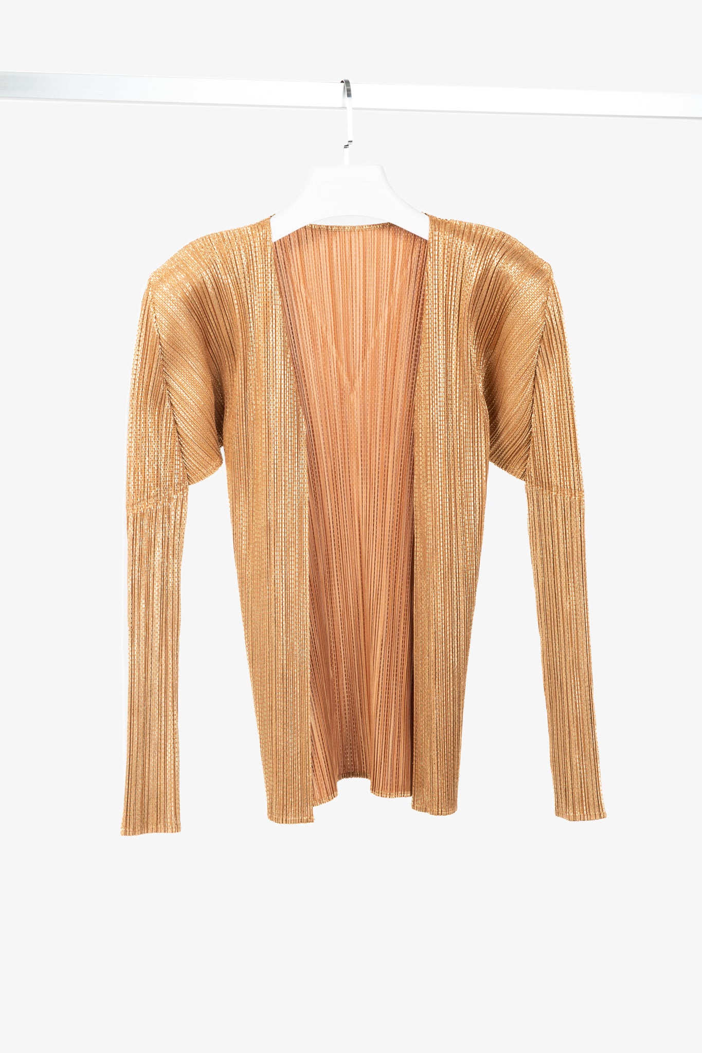 Pleats Please Issey Miyake Terracotta Metallic-Pattern Open-Front Cardigan