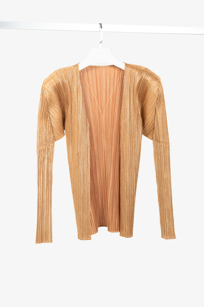 Pleats Please Issey Miyake Terracotta Metallic-Pattern Open-Front Cardigan