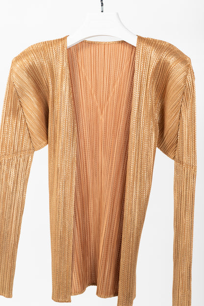 Pleats Please Issey Miyake Terracotta Metallic-Pattern Open-Front Cardigan