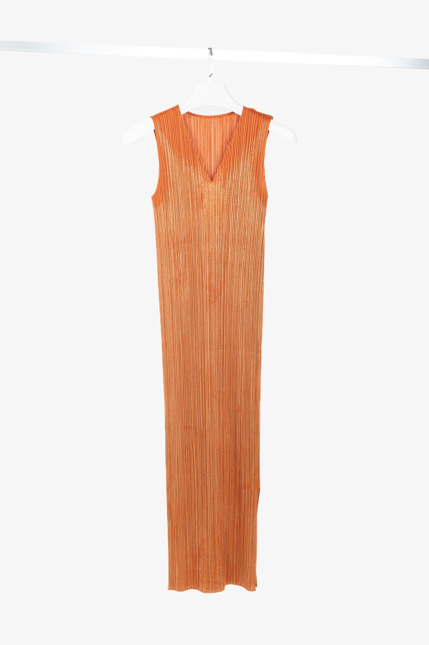 Pleats Please Issey Miyake Orange Metallic-Pattern Sleeveless Maxi Dress