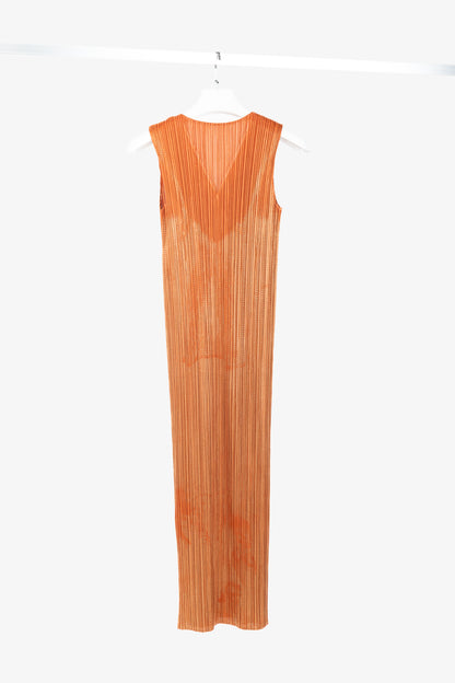 Pleats Please Issey Miyake Orange Metallic-Pattern Sleeveless Maxi Dress