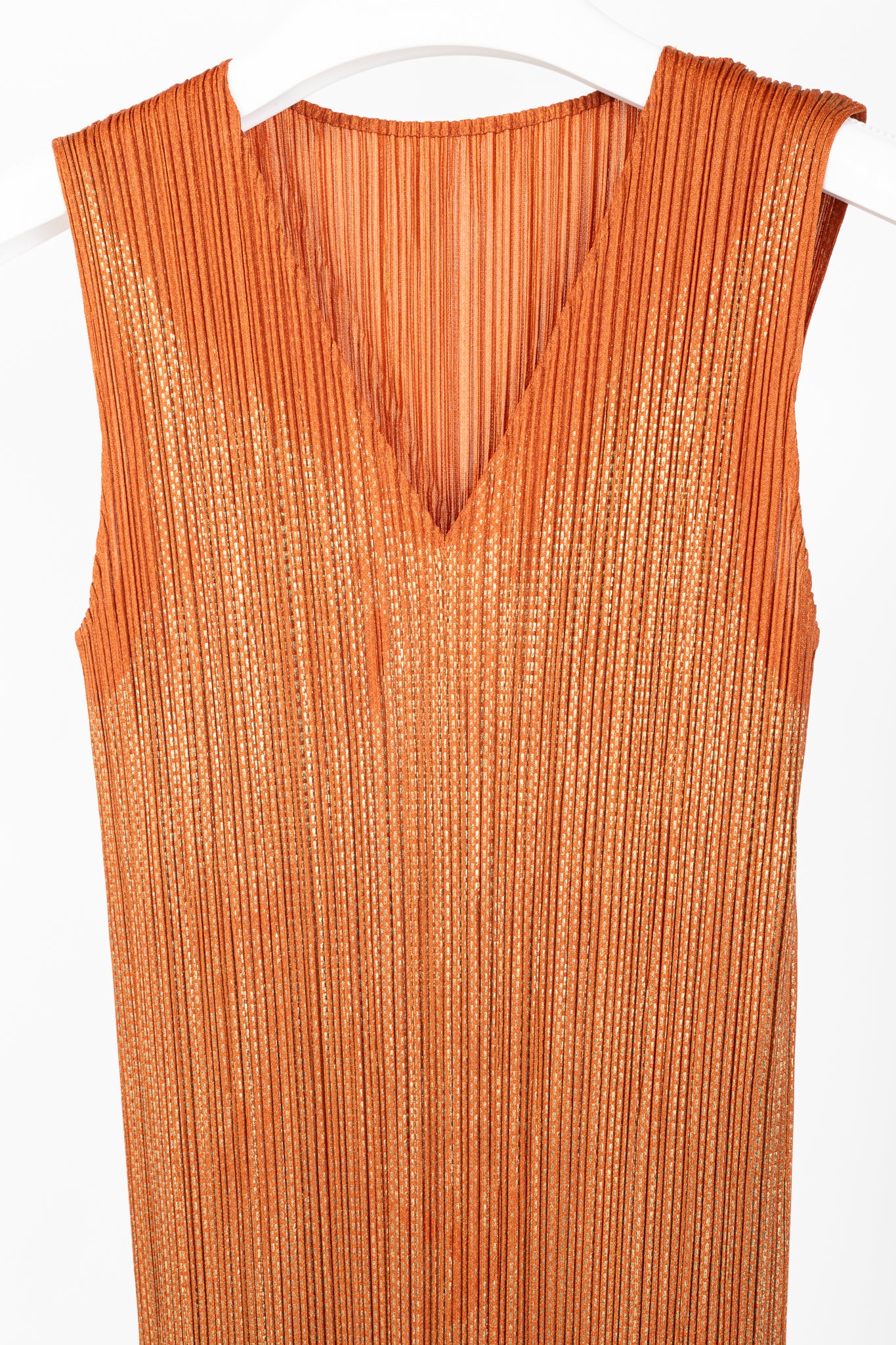 Pleats Please Issey Miyake Orange Metallic-Pattern Sleeveless Maxi Dress