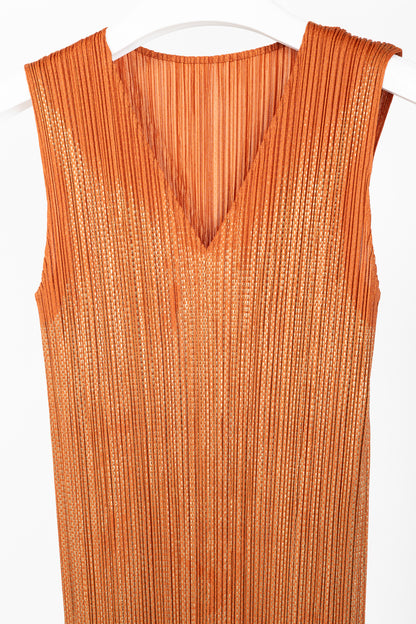 Pleats Please Issey Miyake Orange Metallic-Pattern Sleeveless Maxi Dress