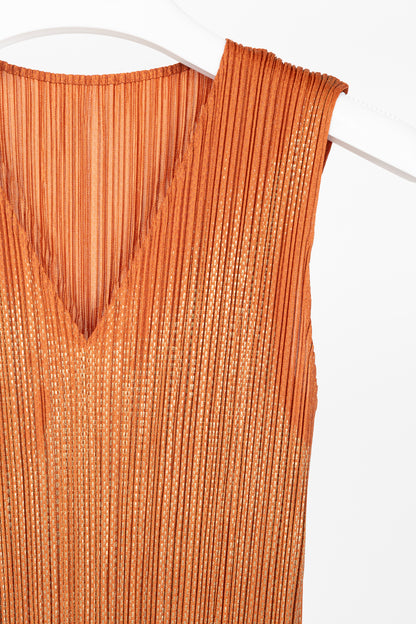Pleats Please Issey Miyake Orange Metallic-Pattern Sleeveless Maxi Dress