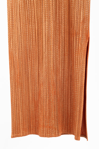 Pleats Please Issey Miyake Orange Metallic-Pattern Sleeveless Maxi Dress
