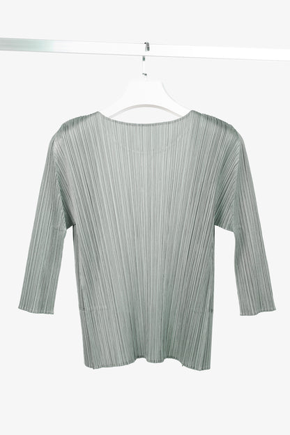 Pleats Please Issey Miyake Sage Green Grey Open-Front Cardigan