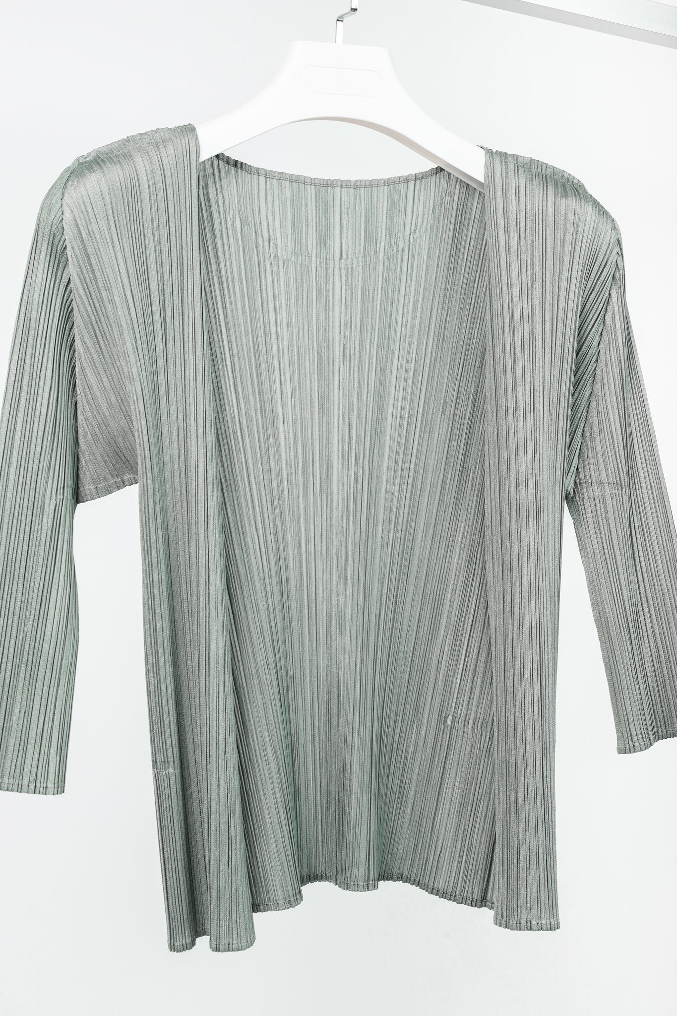 Pleats Please Issey Miyake Sage Green Grey Open-Front Cardigan