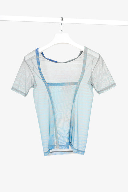 Issey Miyake Blue Printed Sheer Mesh Top