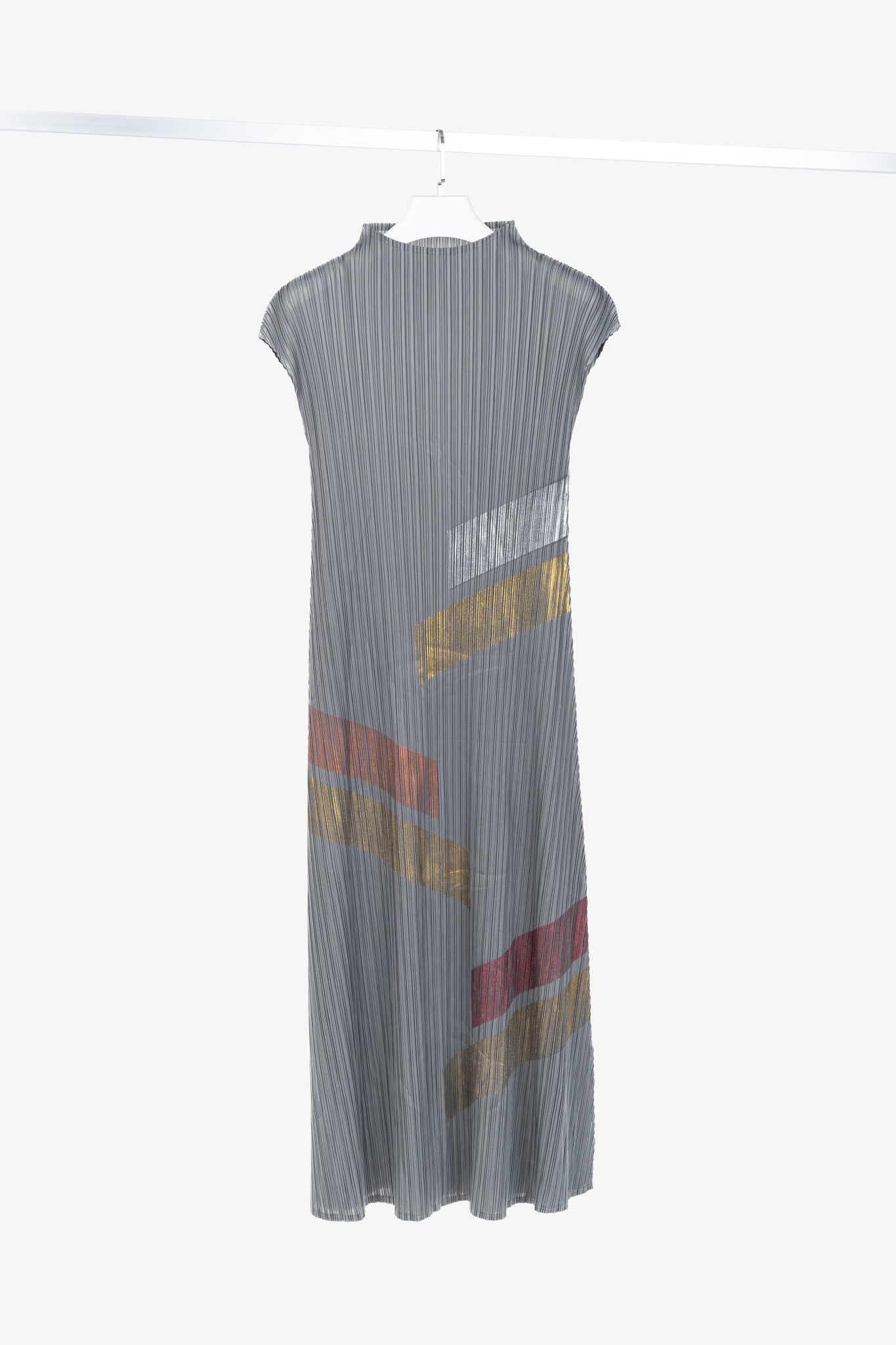 Grey Accordion-Pleated Metallic-Stripe Maxi Dress