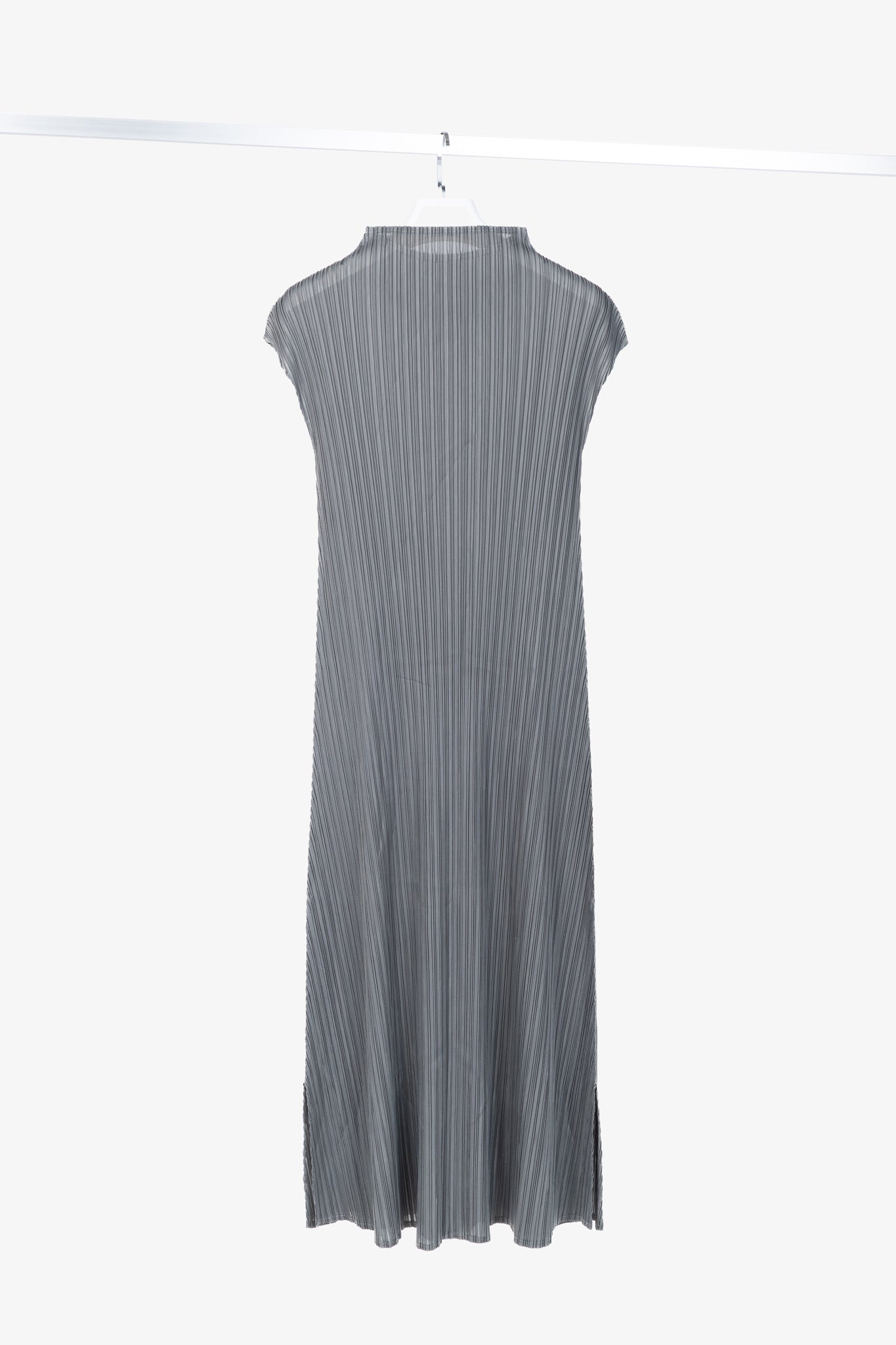 Grey Accordion-Pleated Metallic-Stripe Maxi Dress