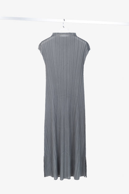 Grey Accordion-Pleated Metallic-Stripe Maxi Dress