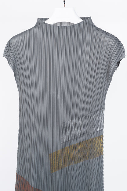 Grey Accordion-Pleated Metallic-Stripe Maxi Dress