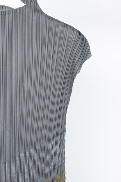 Grey Accordion-Pleated Metallic-Stripe Maxi Dress