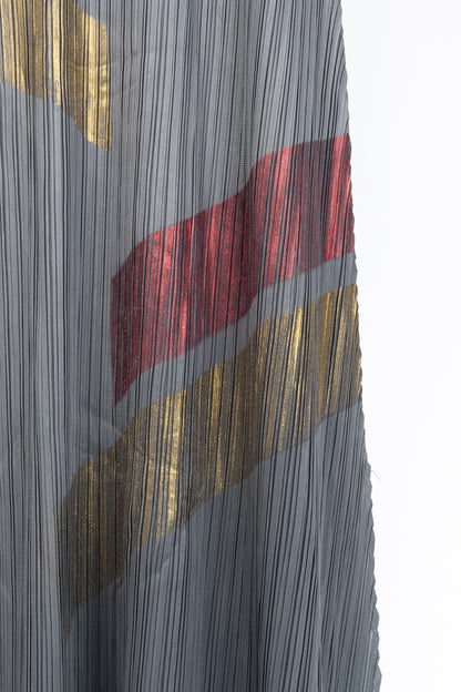 Grey Accordion-Pleated Metallic-Stripe Maxi Dress