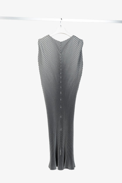 Issey Miyake Metallic Silver Pleated Sleeveless Maxi Dress