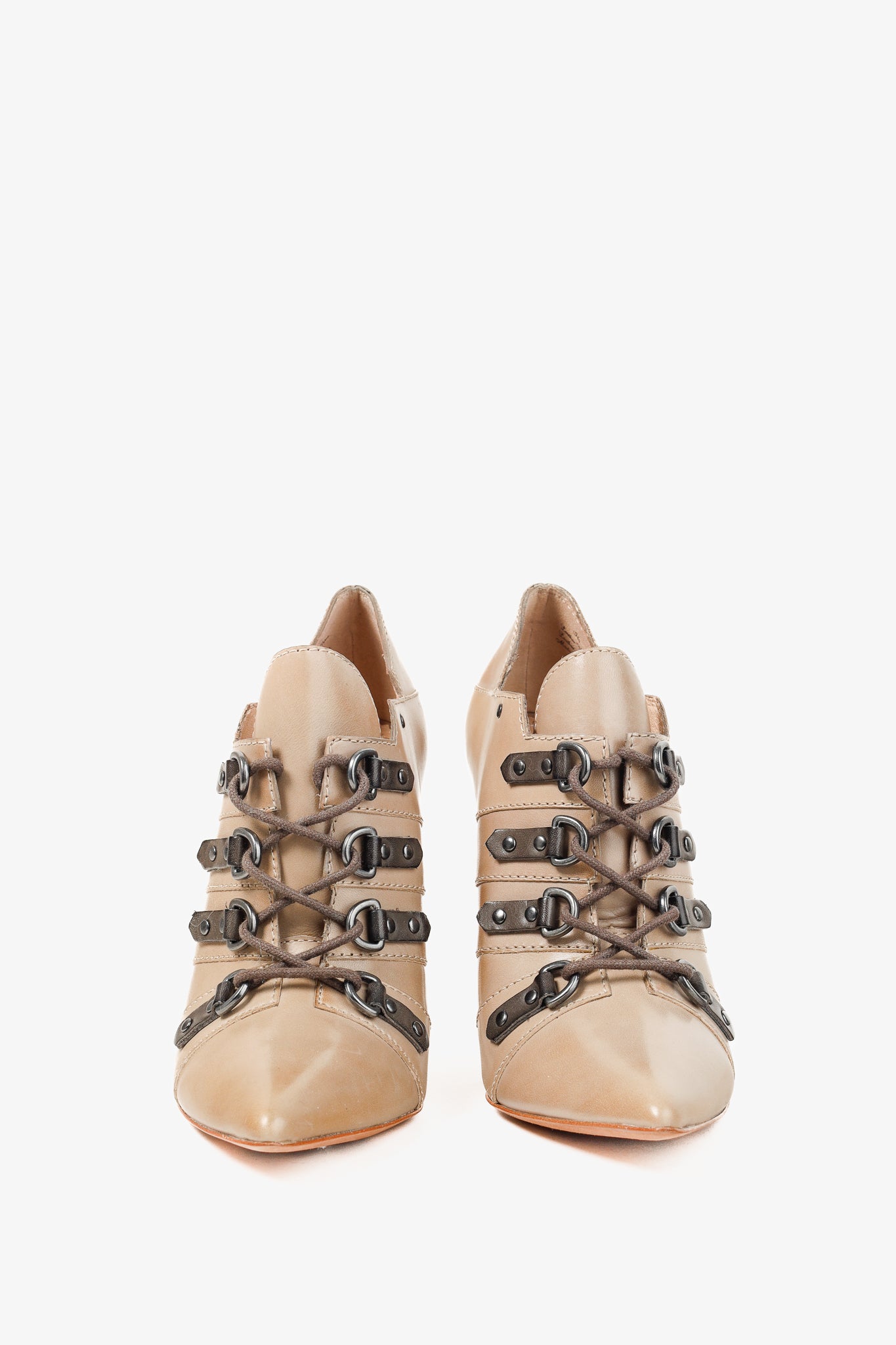 Jean-Michel Cazabat Ida Taupe Brown Pointed Toe Stacked Leather Heels