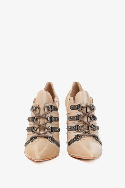 Jean-Michel Cazabat Ida Taupe Brown Pointed Toe Stacked Leather Heels