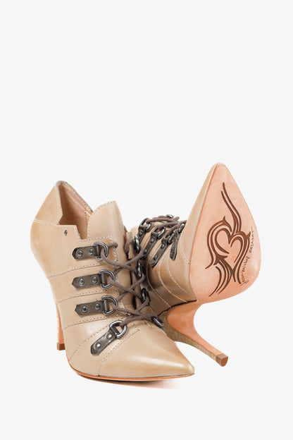 Jean-Michel Cazabat Ida Taupe Brown Pointed Toe Stacked Leather Heels