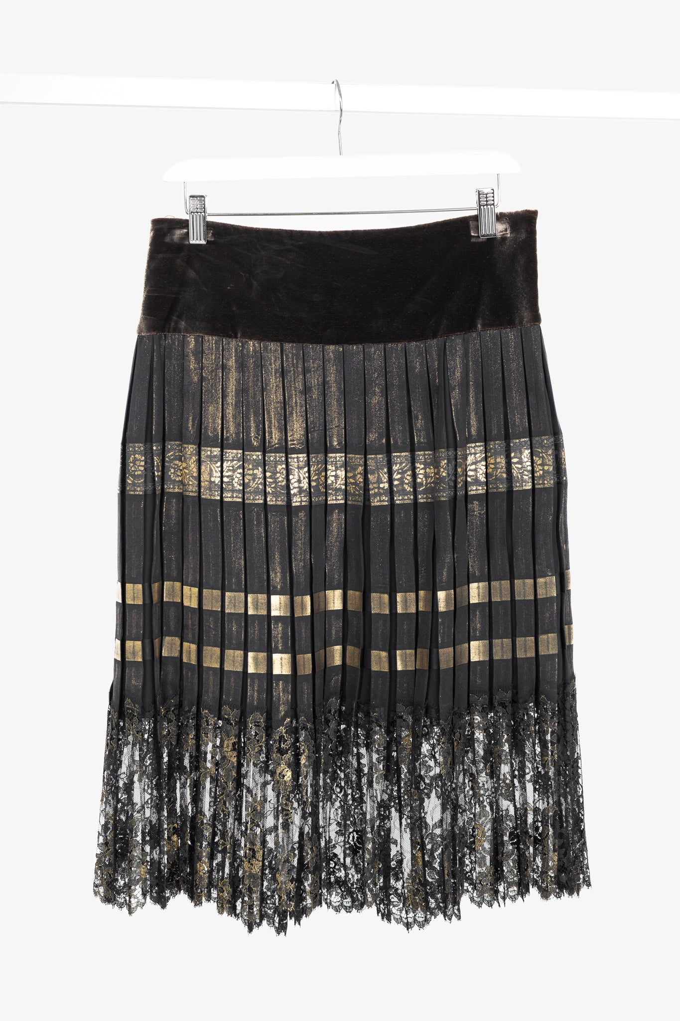 Jean Paul Gaultier Black Silk Gold-Foil Pleated Lace-Hem Midi Skirt