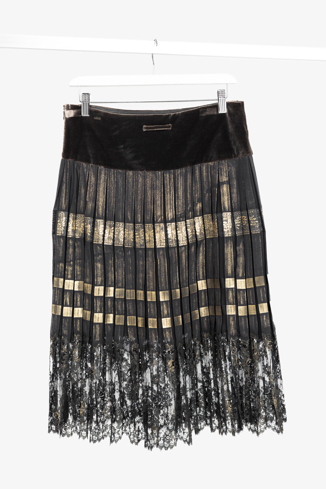 Jean Paul Gaultier Black Silk Gold-Foil Pleated Lace-Hem Midi Skirt