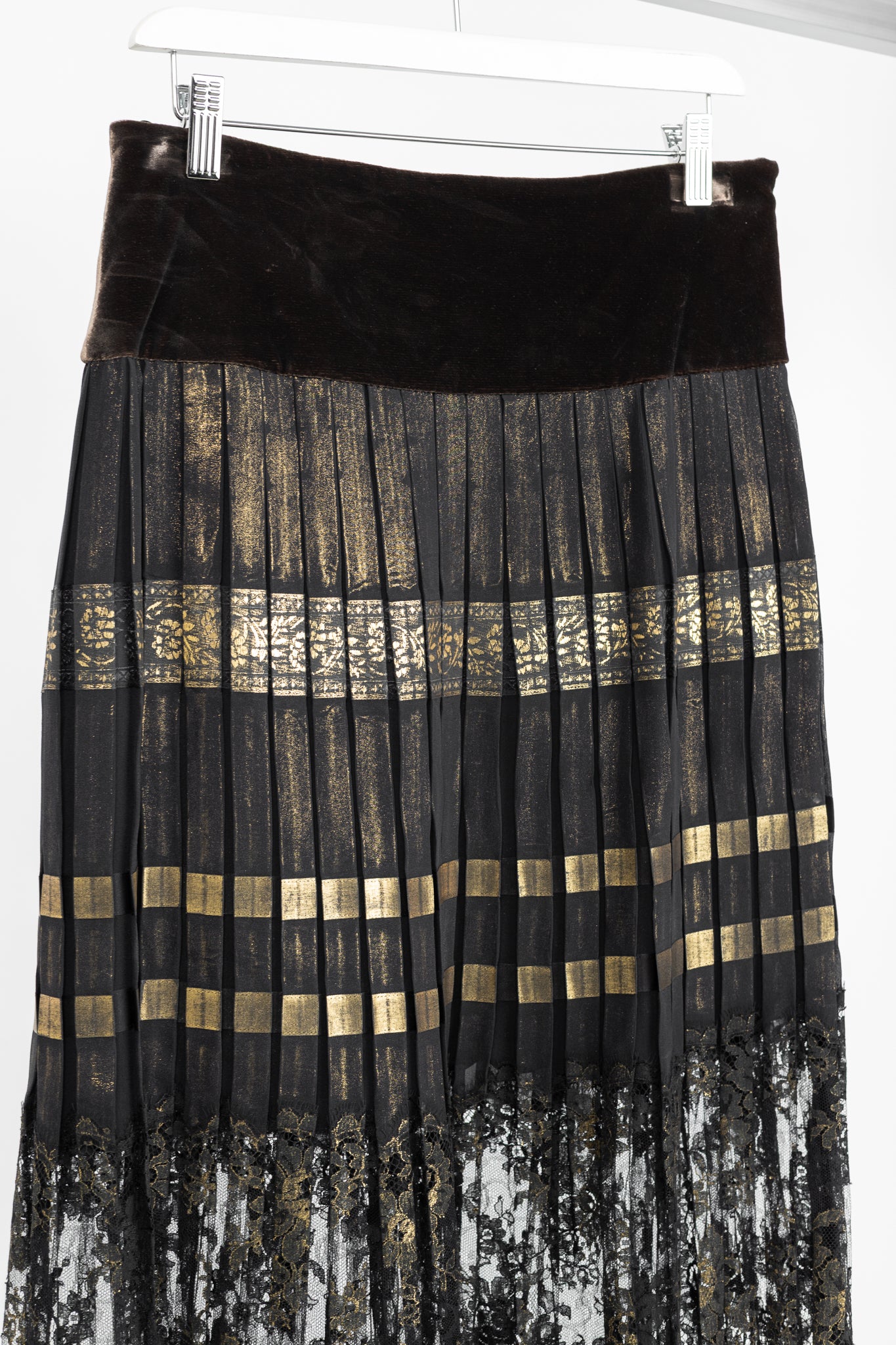 Jean Paul Gaultier Black Silk Gold-Foil Pleated Lace-Hem Midi Skirt