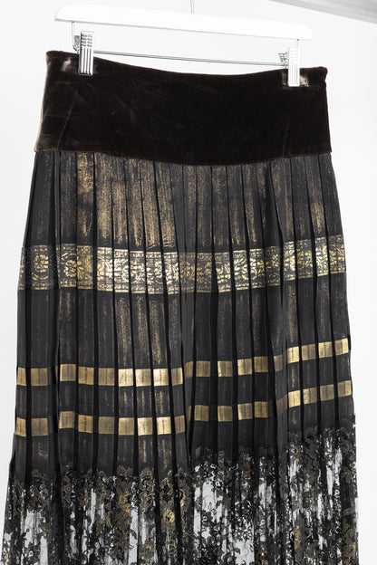 Jean Paul Gaultier Black Silk Gold-Foil Pleated Lace-Hem Midi Skirt