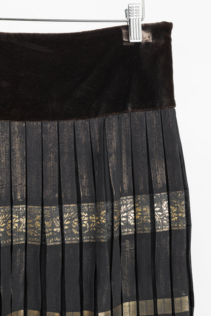 Jean Paul Gaultier Black Silk Gold-Foil Pleated Lace-Hem Midi Skirt