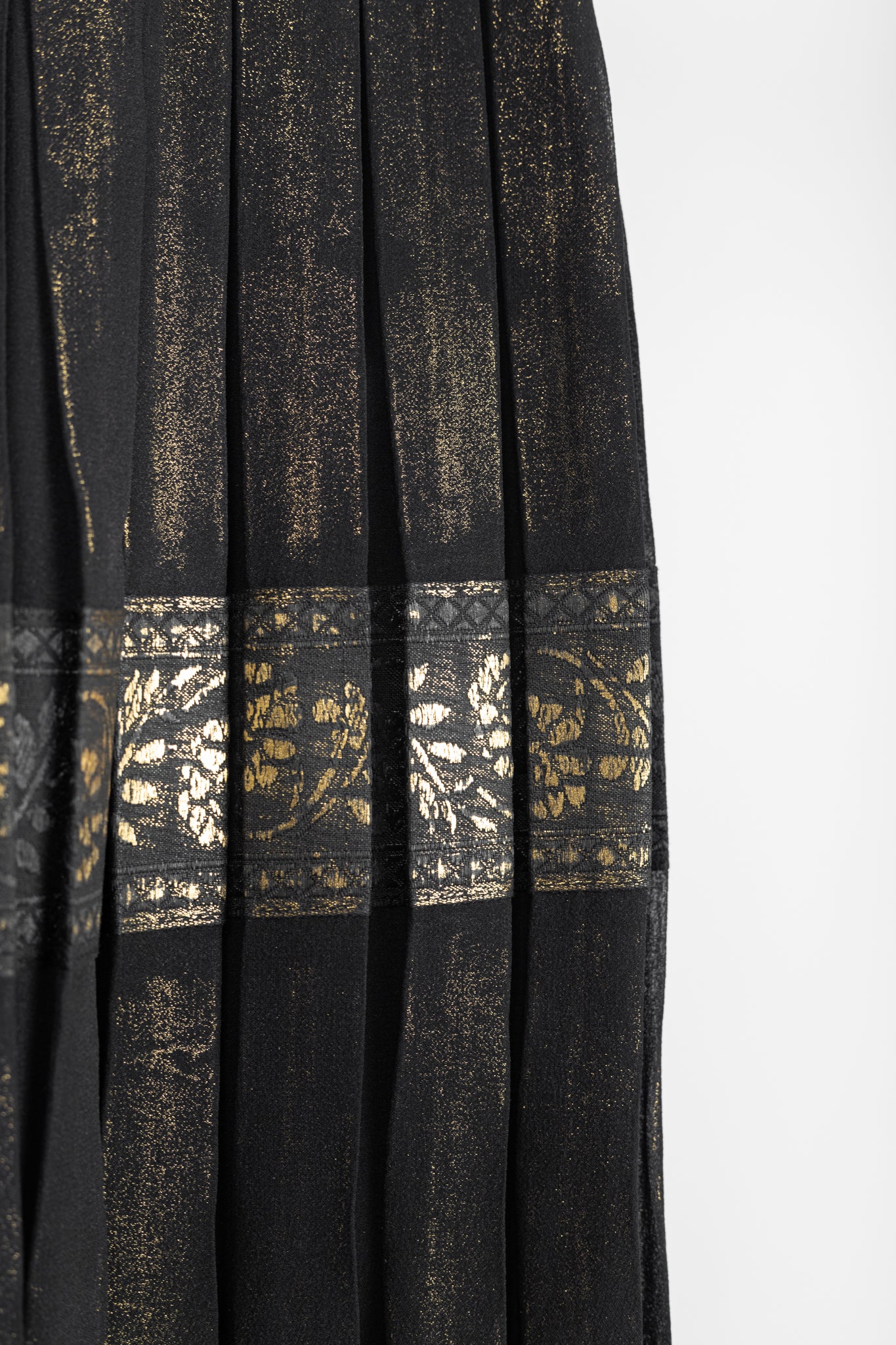 Jean Paul Gaultier Black Silk Gold-Foil Pleated Lace-Hem Midi Skirt