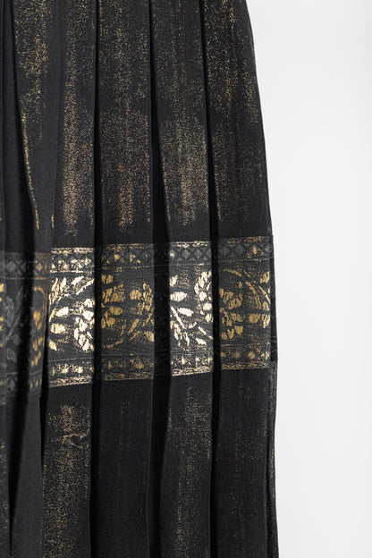 Jean Paul Gaultier Black Silk Gold-Foil Pleated Lace-Hem Midi Skirt