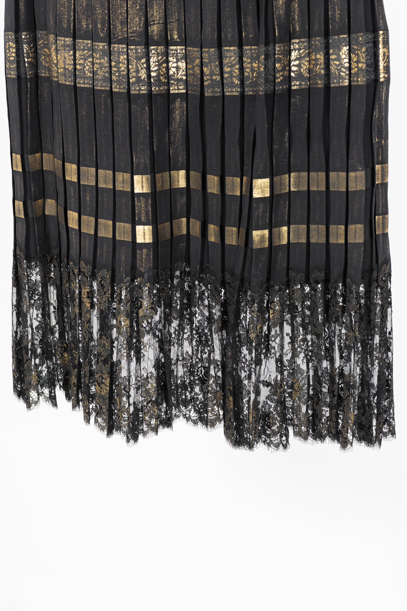 Jean Paul Gaultier Black Silk Gold-Foil Pleated Lace-Hem Midi Skirt