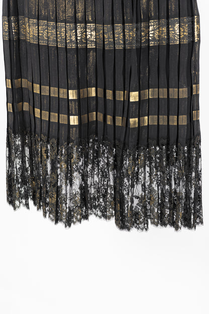 Jean Paul Gaultier Black Silk Gold-Foil Pleated Lace-Hem Midi Skirt