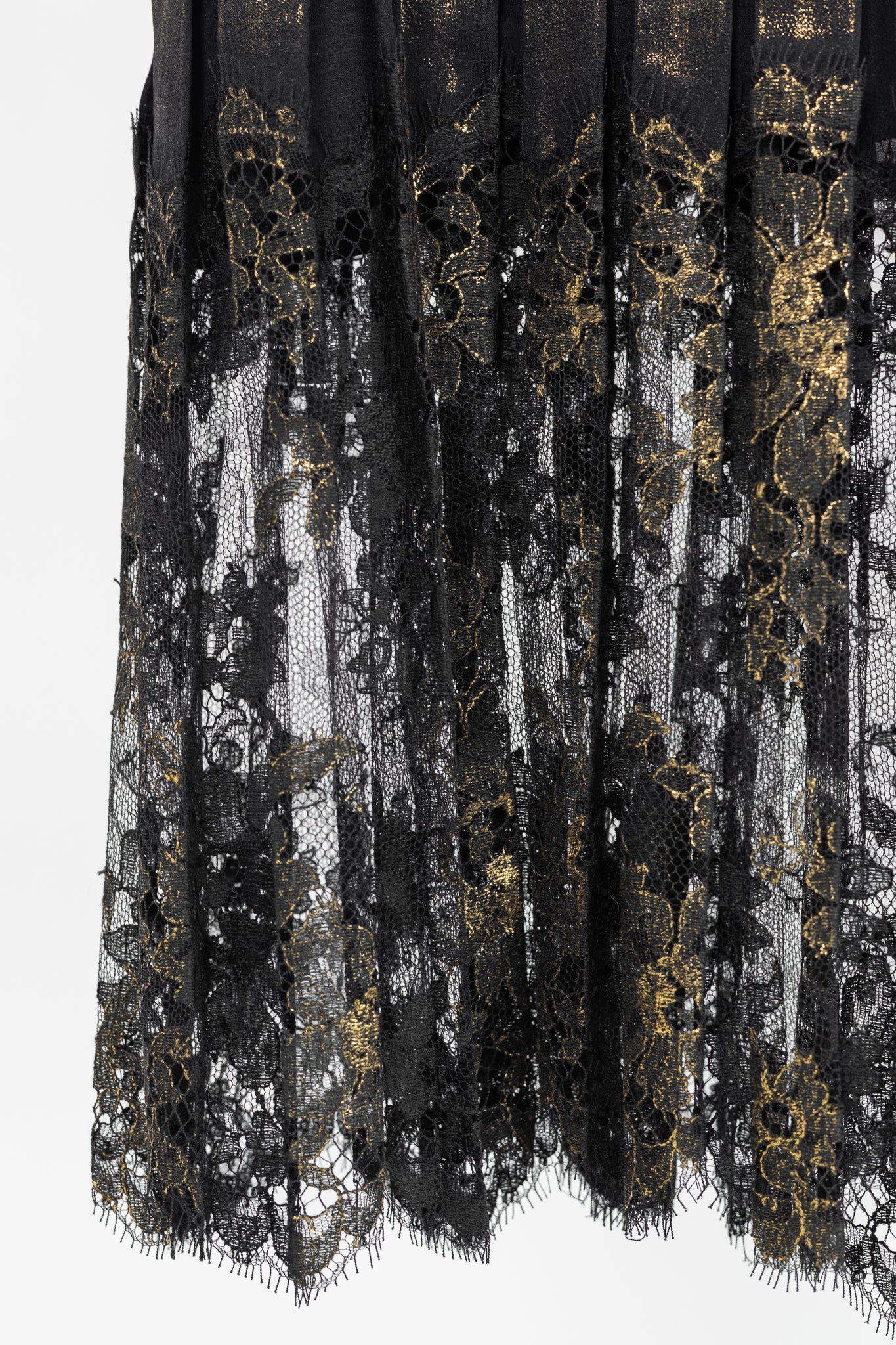 Jean Paul Gaultier Black Silk Gold-Foil Pleated Lace-Hem Midi Skirt